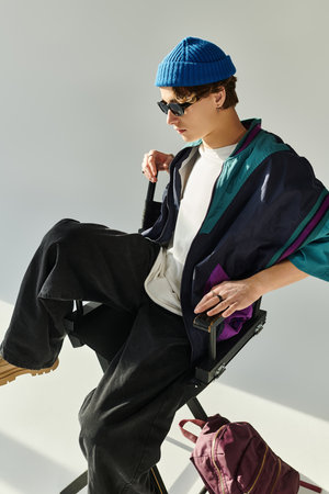A handsome young man poses confidently in a trendy bomber jacket amidst a studio backdrop.