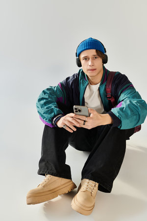 A stylish young man in a bomber jacket relaxes while listening to music on his phone.