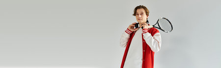 A young man exudes confidence in a trendy bomber jacket while holding a tennis racket.の写真素材