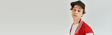 Young man in a bomber jacket poses confidently in a trendy studio designed for aesthetics.の写真素材