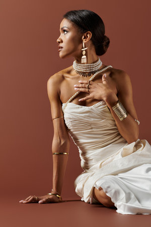A stunning African American woman adorns herself in pearls, showcasing elegance and beauty against a warm backdrop.の写真素材