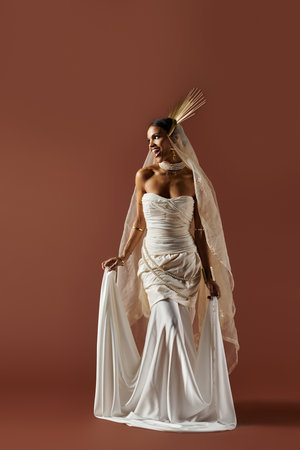 An elegant woman dressed in white with a pearl necklace strikes a regal pose against a warm...