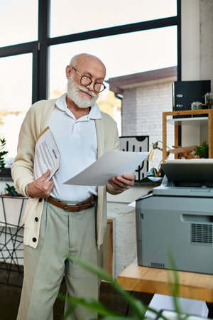 A sharp-looking senior manager reviews important documents beside a printer in a contemporary...