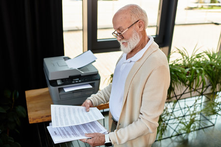 A stylish senior manager checks important documents while surrounded by greenery in a modern workspace.の写真素材