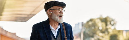 A fashionable older gentleman strolls past a contemporary structure, embracing the autumn...