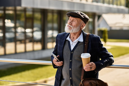 A distinguished older gentleman, dressed in smart casual attire, savors his coffee while admiring...