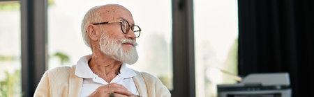 A distinguished senior businessman in smart casual attire reflects thoughtfully while working in a...