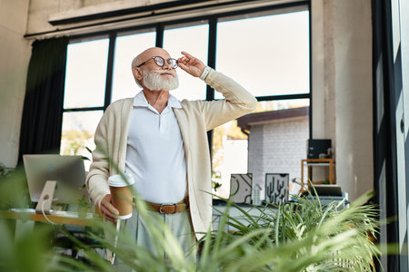 A distinguished senior businessman with a beard stands in a stylish office, savoring his coffee while reflecting.の写真素材