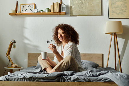 A cheerful woman enjoys her morning coffee while engaging with her phone in a bright bedroom.の写真素材