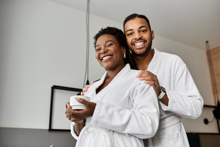 A joyful young couple embraces in a cozy hotel room, savoring their vacation together with laughter and warmth.の写真素材