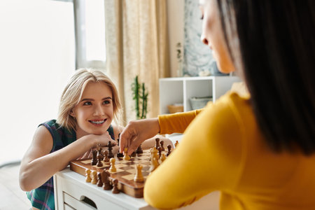 Two young women share a joyful time playing chess, surrounded by a cozy indoor setting.の写真素材