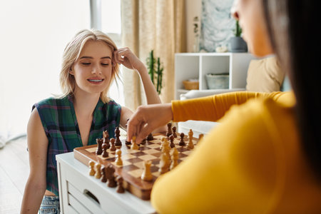Young couple enjoys an intimate chess game, showcasing affection and playful competition together.の写真素材