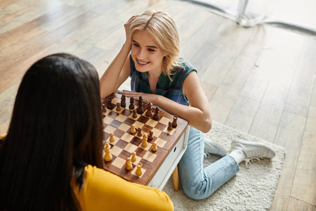 A cheerful couple is engaged in a chess game, sharing smiles and warmth in a bright space.の写真素材