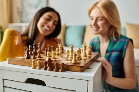 Two women share laughter and love while playing chess in their inviting living room.の写真素材