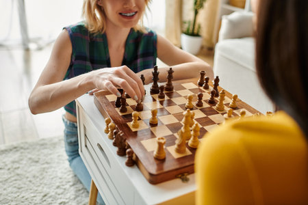 Two young women share a moment of joy while playing chess in a warm, welcoming environment.の写真素材