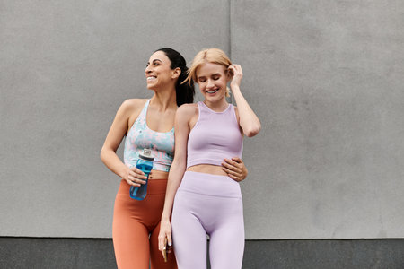 Two young women enjoy a fun workout session together, radiating love and happiness.の写真素材