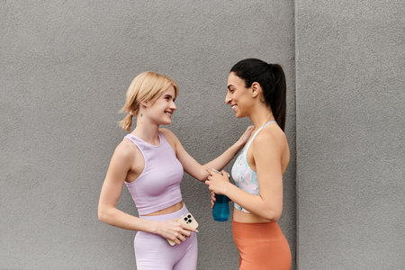 Two young women share a joyful moment, smiling and engaging after a workout session together.の写真素材