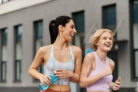 Two women share laughter while running side by side in a vibrant urban setting.