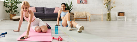Two women share a joyful moment as they exercise together in a cozy living room.