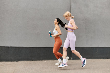 Two vibrant women jog side by side, sharing laughter and happiness in a park setting.の写真素材