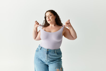 Young woman confidently poses in fashionable attire, expressing her unique style and personality.の写真素材