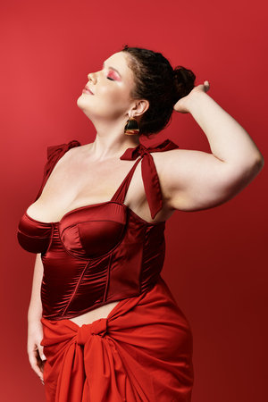 Confident woman embodies modern fashion with vibrant colors while striking a pose in elegance.の写真素材