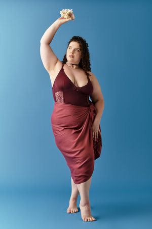 A young woman elegantly poses, highlighting her trendy attire and expressing vibrant confidence.の写真素材