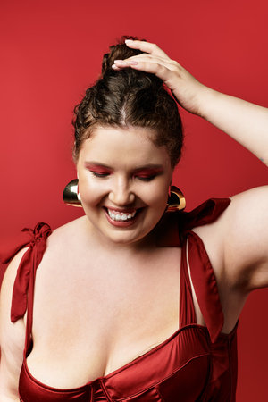 A stylish woman in a chic red outfit joyfully poses for the camera, radiating confidence.の写真素材