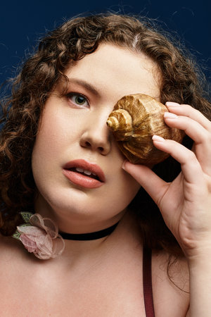 Beautiful young woman creating an artistic expression using a shell in an indoor space.の写真素材