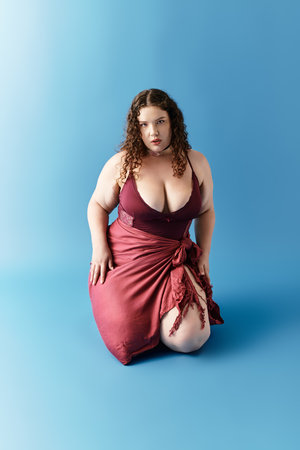 A young woman showcases her fashion sense while kneeling elegantly on a soft blue surface.の写真素材