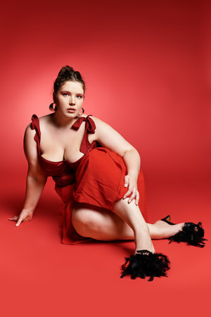 Confident young woman in a striking red dress showcases modern fashion trends.の写真素材