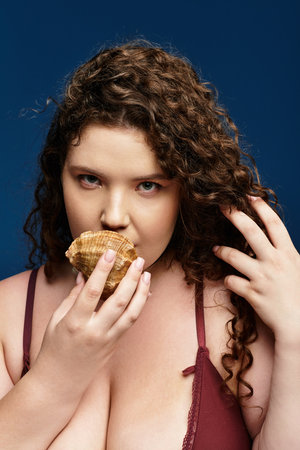 A young woman enjoys a seashell snack while showcasing her trendy outfit and unique style.の写真素材