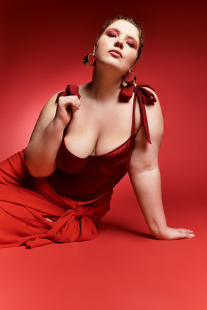 A young woman shines in a stylish red outfit, radiating confidence and elegance.の写真素材