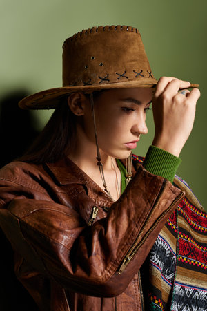 Creative portrait of a beautiful brunette woman in a leather jacket and hat, lost in thought.の写真素材
