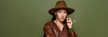 Young woman with long brunette hair playfully poses in a leather jacket.の写真素材