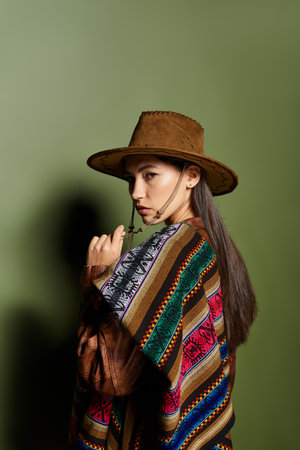 Young woman poses gracefully, showcasing her vibrant poncho against a lush green background.の写真素材