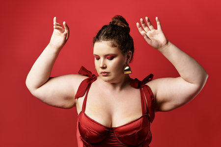 In a stunning red outfit, a young woman expresses confidence and style, embodying modern fashion.の写真素材
