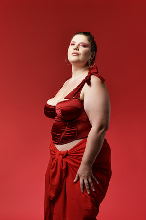 A stylish young woman confidently poses in her trendy red outfit.の写真素材