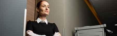 Young woman with poise stands confidently in a contemporary setting with soft lighting.の写真素材