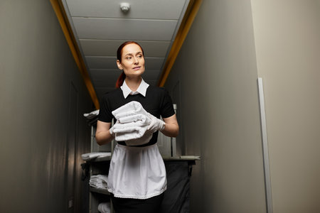 A young woman walks through a quiet hallway, holding neatly folded towels with grace.の写真素材