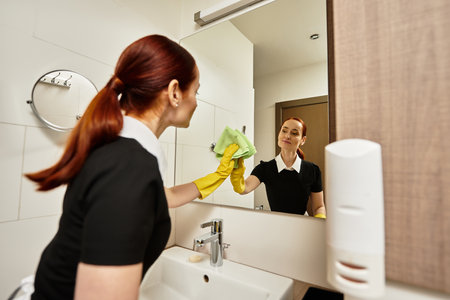 A young woman smiles as she cleans a bathroom mirror with a green cloth in a bright space.の写真素材