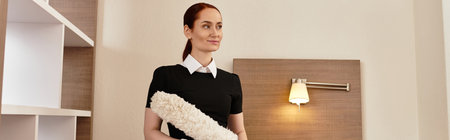 Young woman with elegant style holds a cleaning tool while standing in a sunlit room.の写真素材