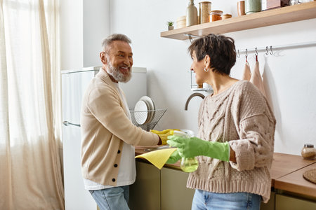 A couple enjoys quality time as they clean their bright and inviting kitchen space.の写真素材