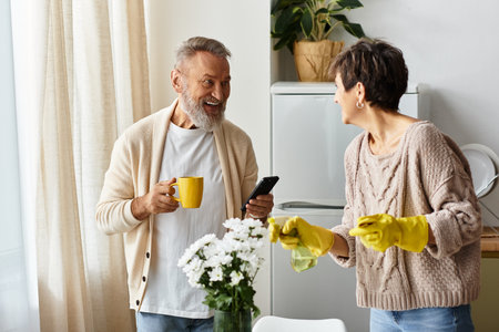 A cheerful couple shares smiles while tidying up their bright kitchen space.の写真素材