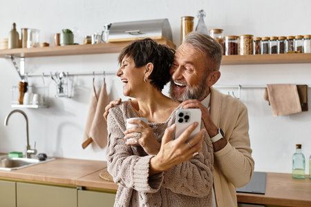A mature couple shares laughter while taking a selfie in their cozy kitchen at home.の写真素材