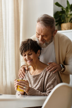 A loving couple enjoys each others company over warm drinks while relaxing indoors.の写真素材