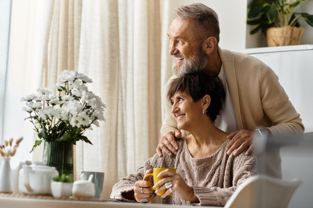 A mature couple shares a joyful moment over coffee while surrounded by beautiful flowers indoors.の写真素材