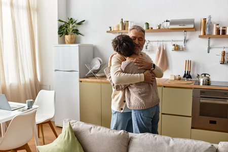 A mature couple shares a warm hug in their bright kitchen filled with plants and kitchenware.の写真素材