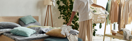 Bright and airy apartment filled with natural light as a young woman tidies her home, banner