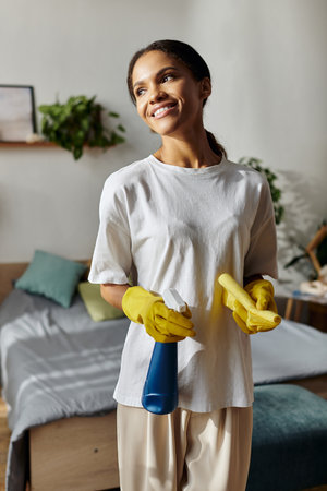 A young woman joyfully cleans her modern apartment, highlighting her daily routine.の写真素材
